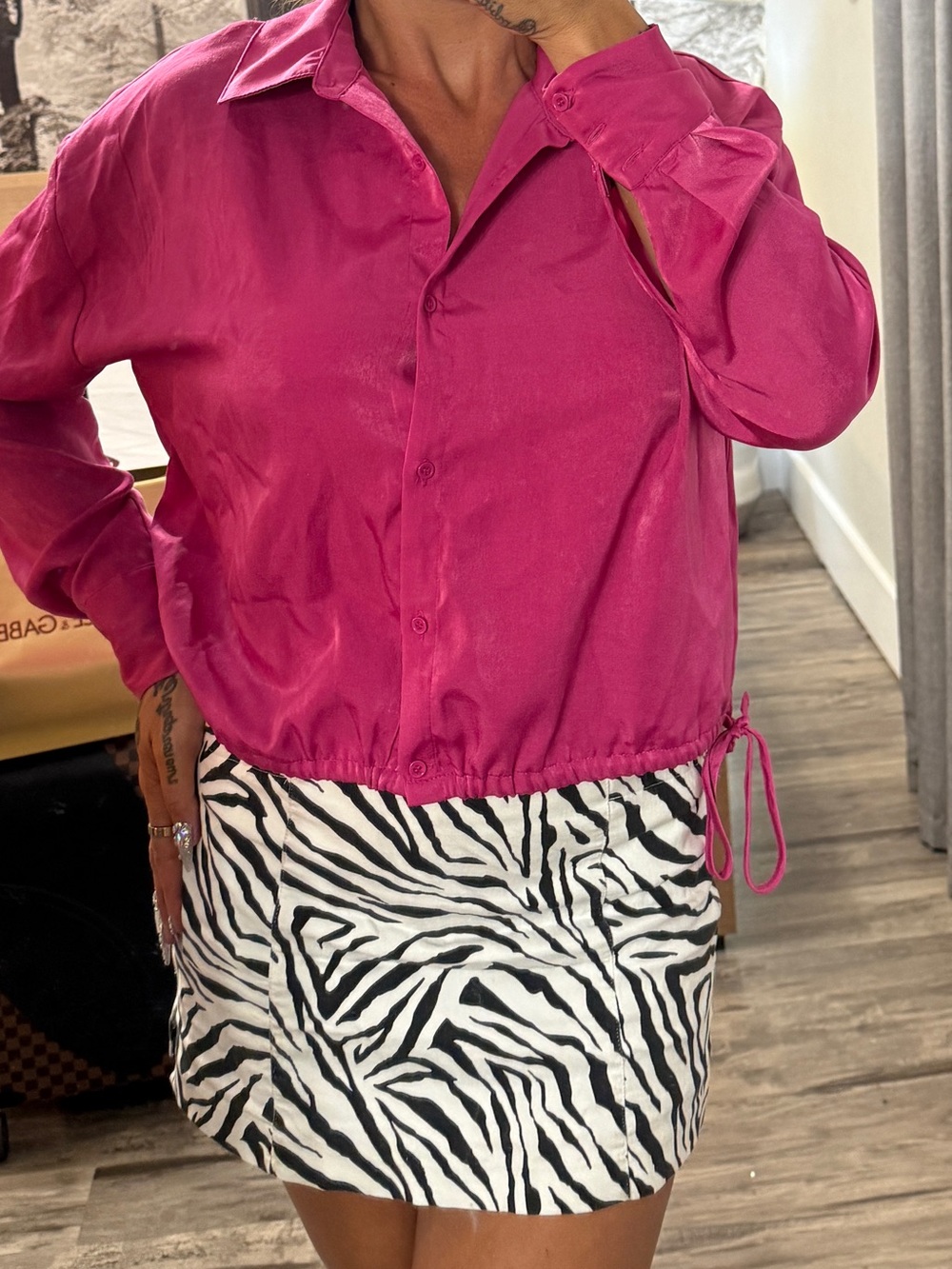 AND NOW THIS Silky Button-Front Women's Blouse in Fuchsia